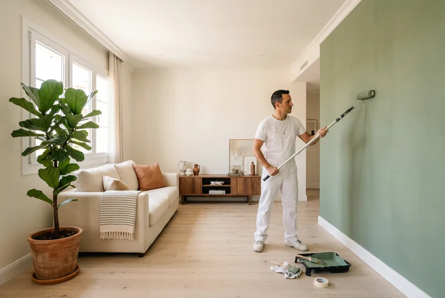 Imagen ilustrativa de un pintor trabajando en una habitación luminosa recién pintada.