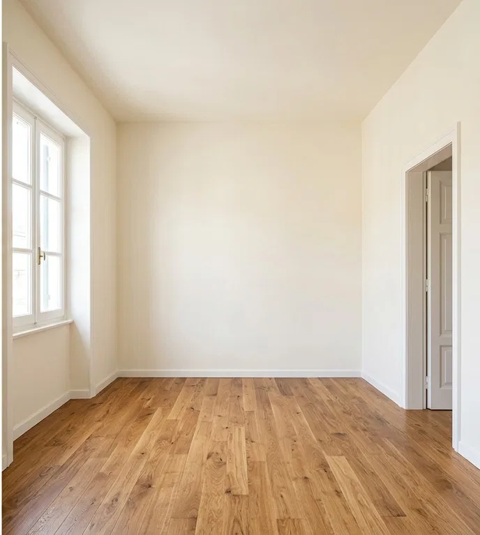 Después: habitación renovada con paredes blanco roto y techo blanco. Imagen ilustrativa.