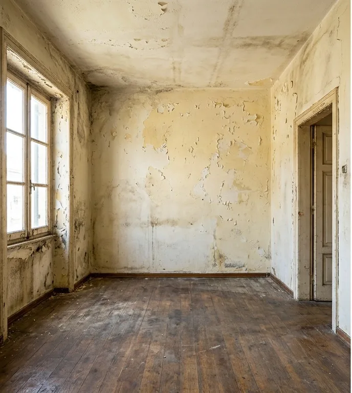 Antes: habitación con pintura deteriorada. Imagen ilustrativa.